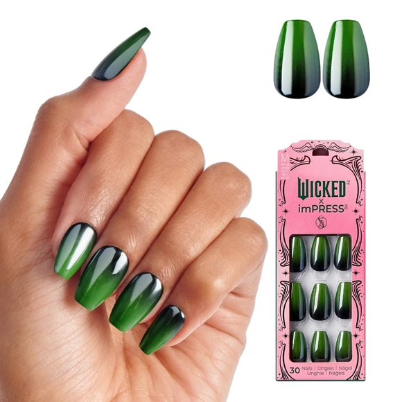 WICKED X imPRESS Press on Nails, Leaders Of Oz, Green, Medium Coffin, 30 Count - Picture 1 of 2